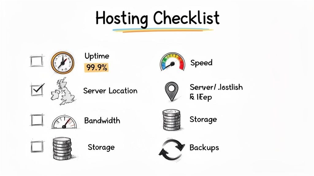A hosting checklist showing important factors like uptime, speed, server location, bandwidth, storage, and backups.