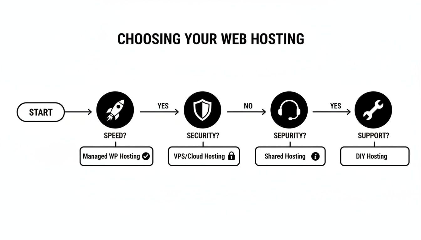 Decision flowchart for choosing web hosting, evaluating needs like speed, security, and customer support.