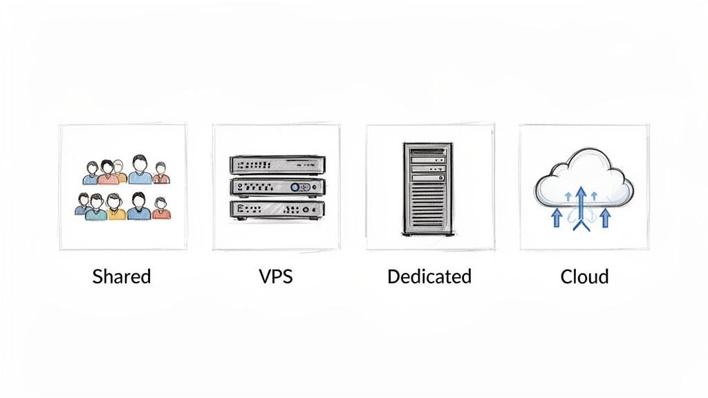 An illustration comparing four common types of web hosting: Shared, VPS, Dedicated, and Cloud.
