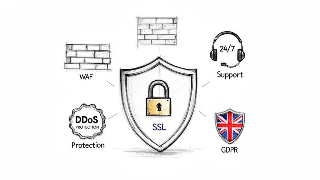 A shield with an SSL padlock at its center, surrounded by icons for WAF, 24/7 Support, GDPR, and DDoS Protection.