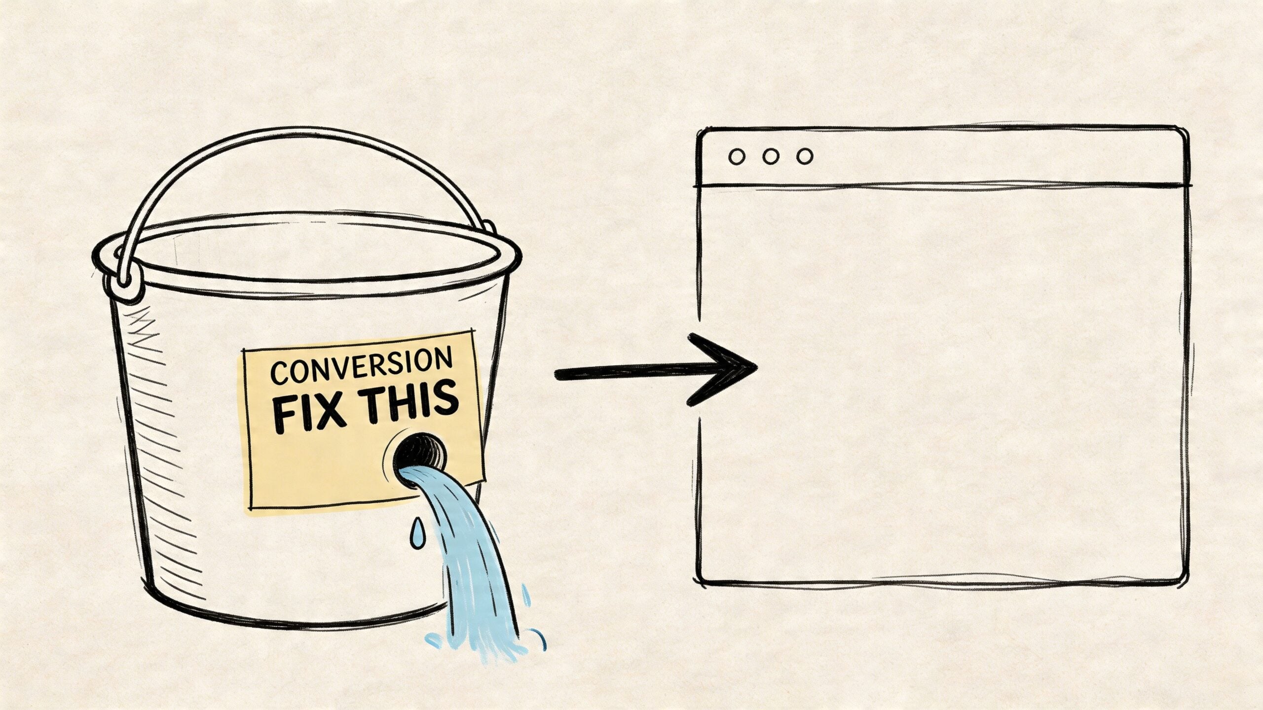 A hand-drawn illustration showing a leaking bucket with the label conversion fix this, pointing to an empty browser window.