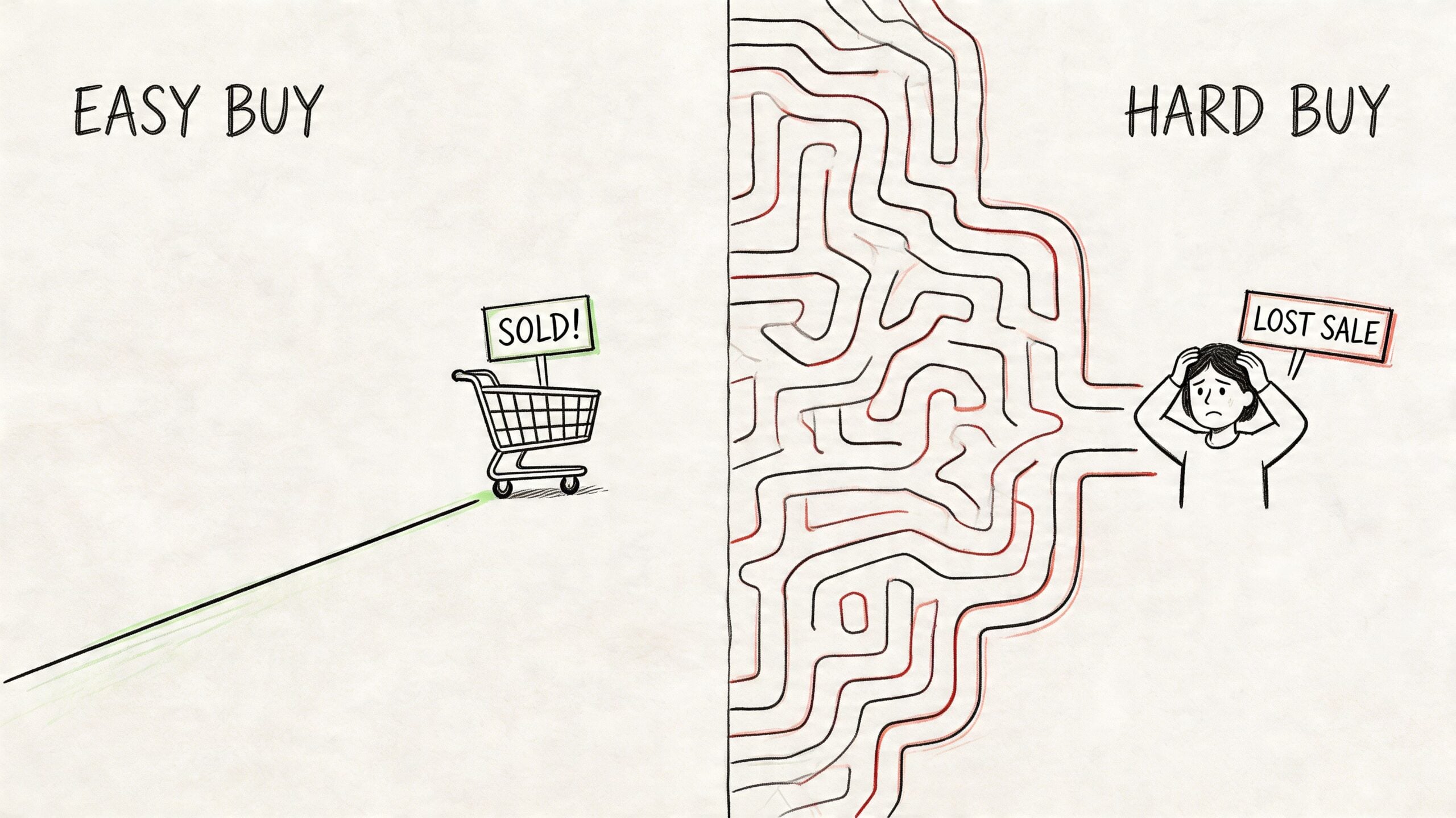 A conceptual illustration comparing a simple, direct path to a sale versus a complex, frustrating maze.