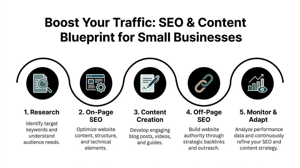 A five-step SEO and content blueprint infographic for small businesses to increase website traffic and growth.