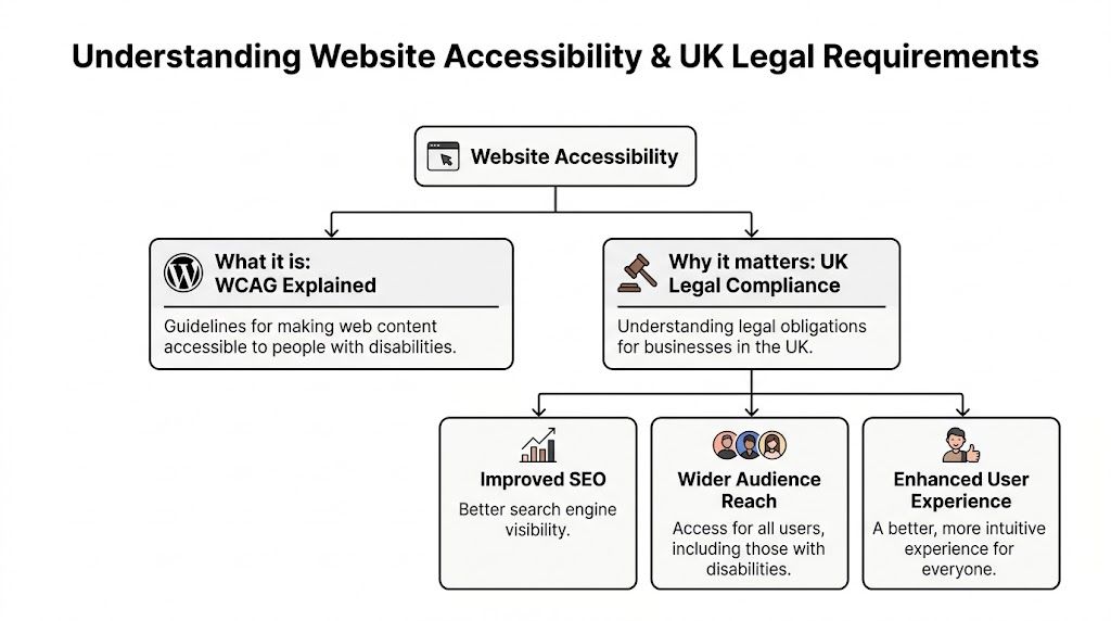 A diagram outlining website accessibility, WCAG guidelines, and UK legal compliance benefits for digital business growth.