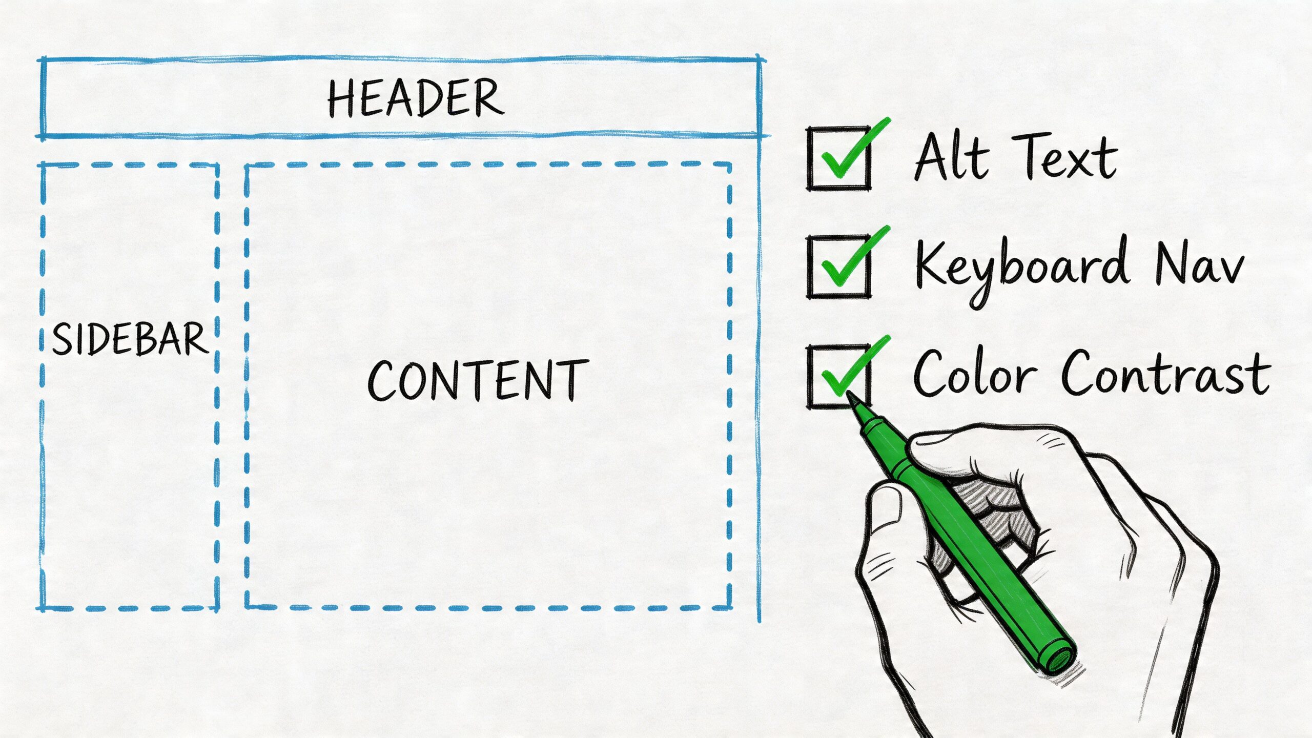 A hand checking off website accessibility criteria like Alt Text, Keyboard Navigation, and Color Contrast on a diagram.