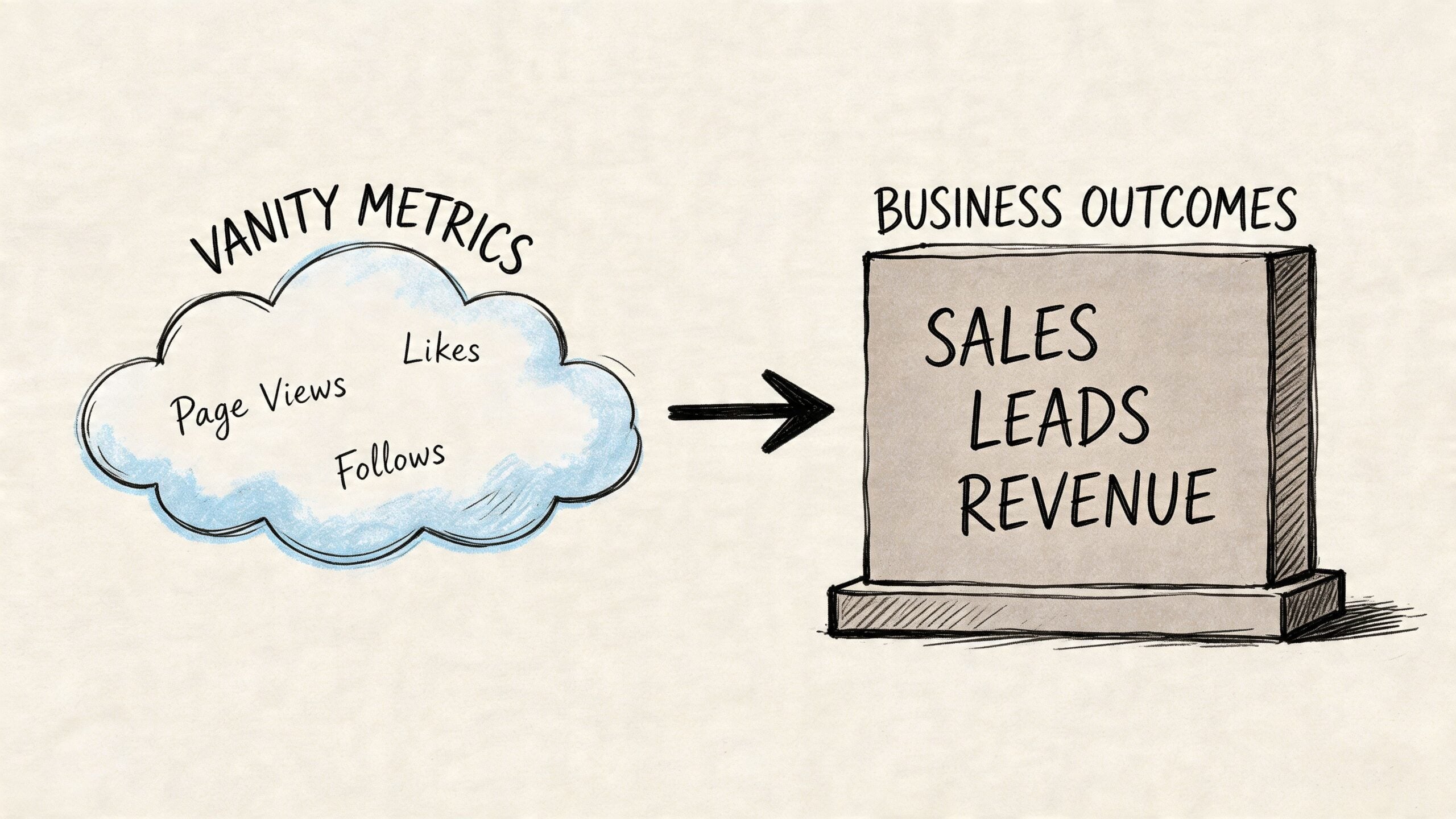A diagram illustrating the progression from vanity metrics like likes and page views to business outcomes.