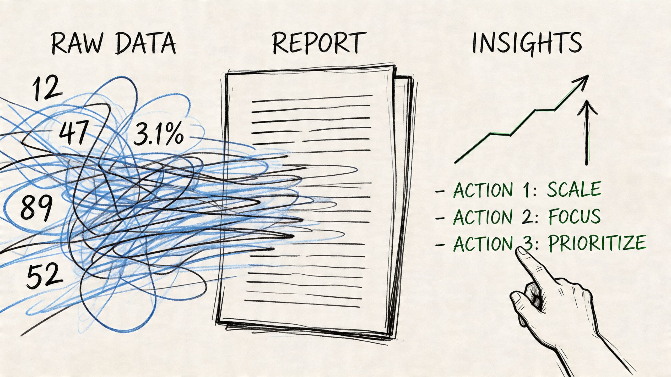 A hand drawing illustrating the process of transforming raw data into structured reports and actionable business insights.