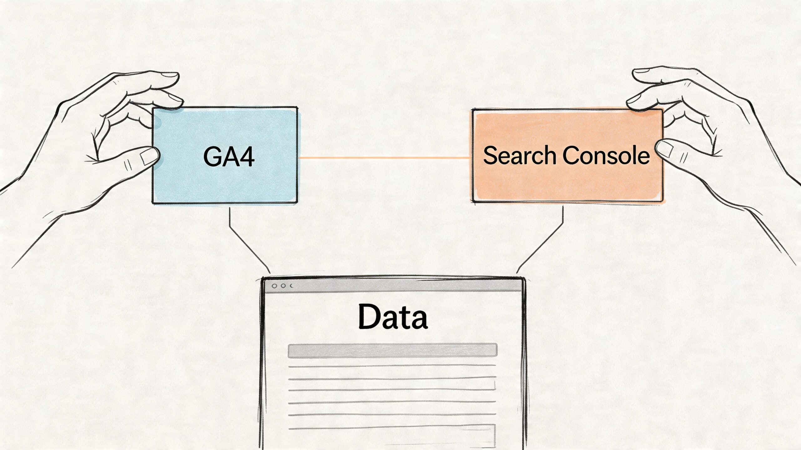 A hand-drawn illustration showing hands connecting GA4 and Search Console icons to represent integrated website data.