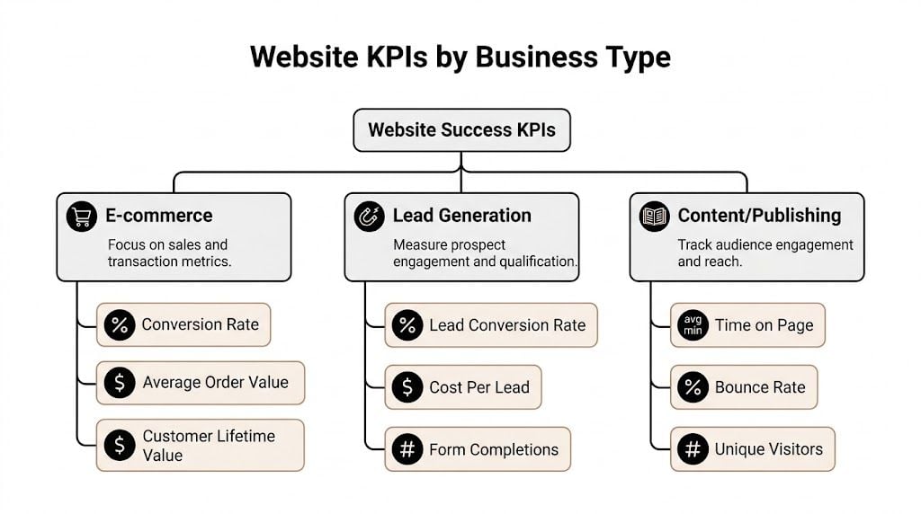 A diagram categorizing website success KPIs by business type: E-commerce, Lead Generation, and Content Publishing.