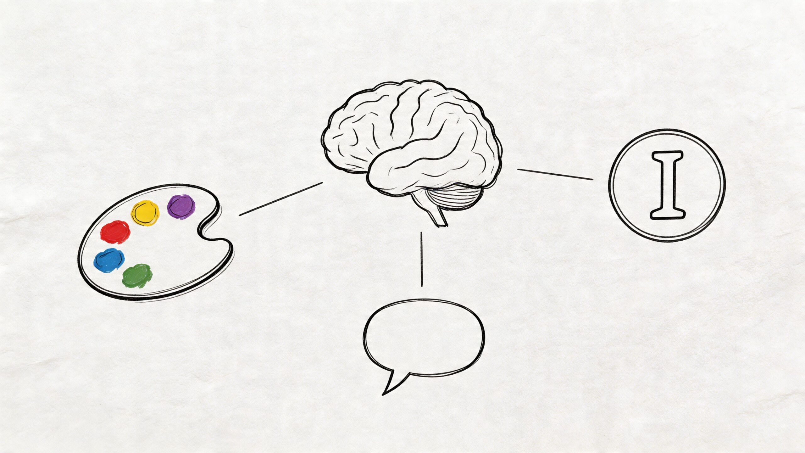 A hand-drawn illustration showing a central human brain connected to an artist palette, speech bubble, and circle.