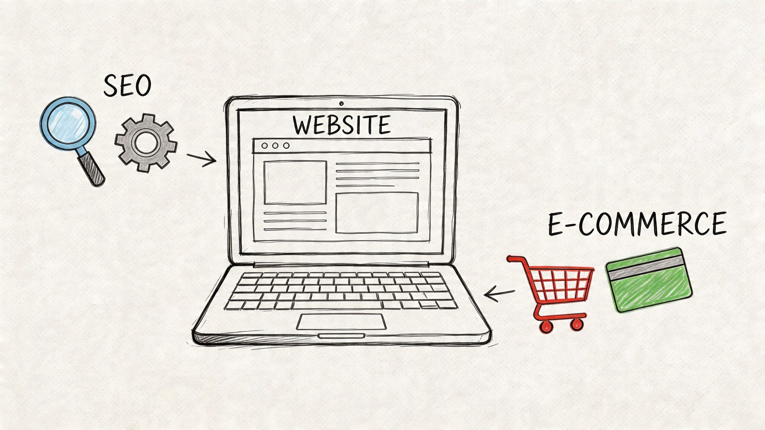 A hand-drawn illustration showing a laptop with SEO icons on the left and e-commerce icons on the right.