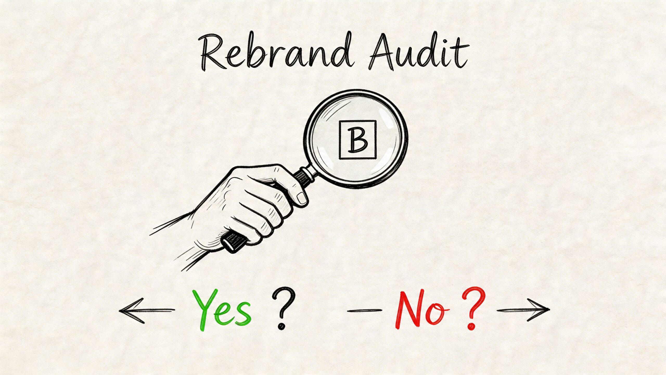 A hand holding a magnifying glass inspecting a letter B, representing a professional rebrand audit process.