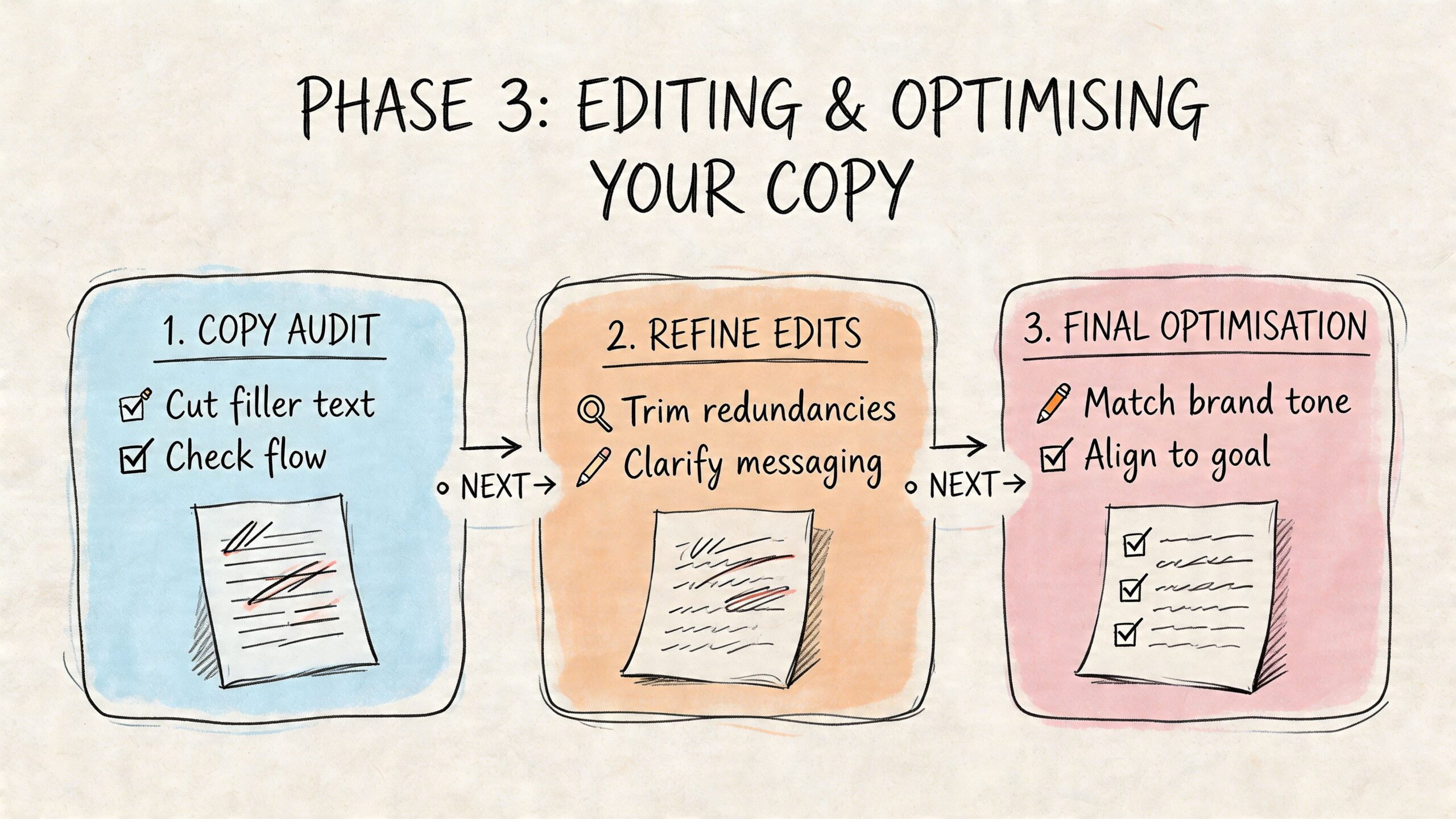 A three-step infographic showing the process of auditing, refining, and optimizing website copy for better results.