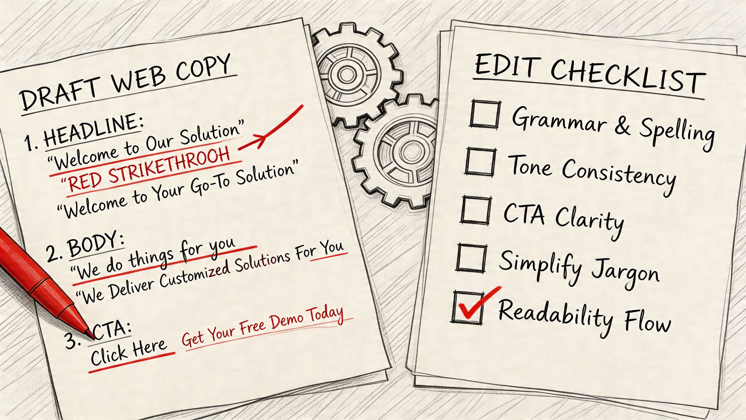 A hand-drawn illustration showing a draft web copy checklist with editing notes and a red pen.