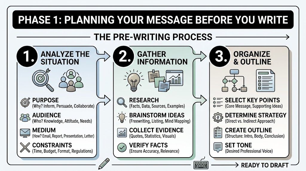 A visual guide outlining the three steps of the pre-writing process for effective professional communication.