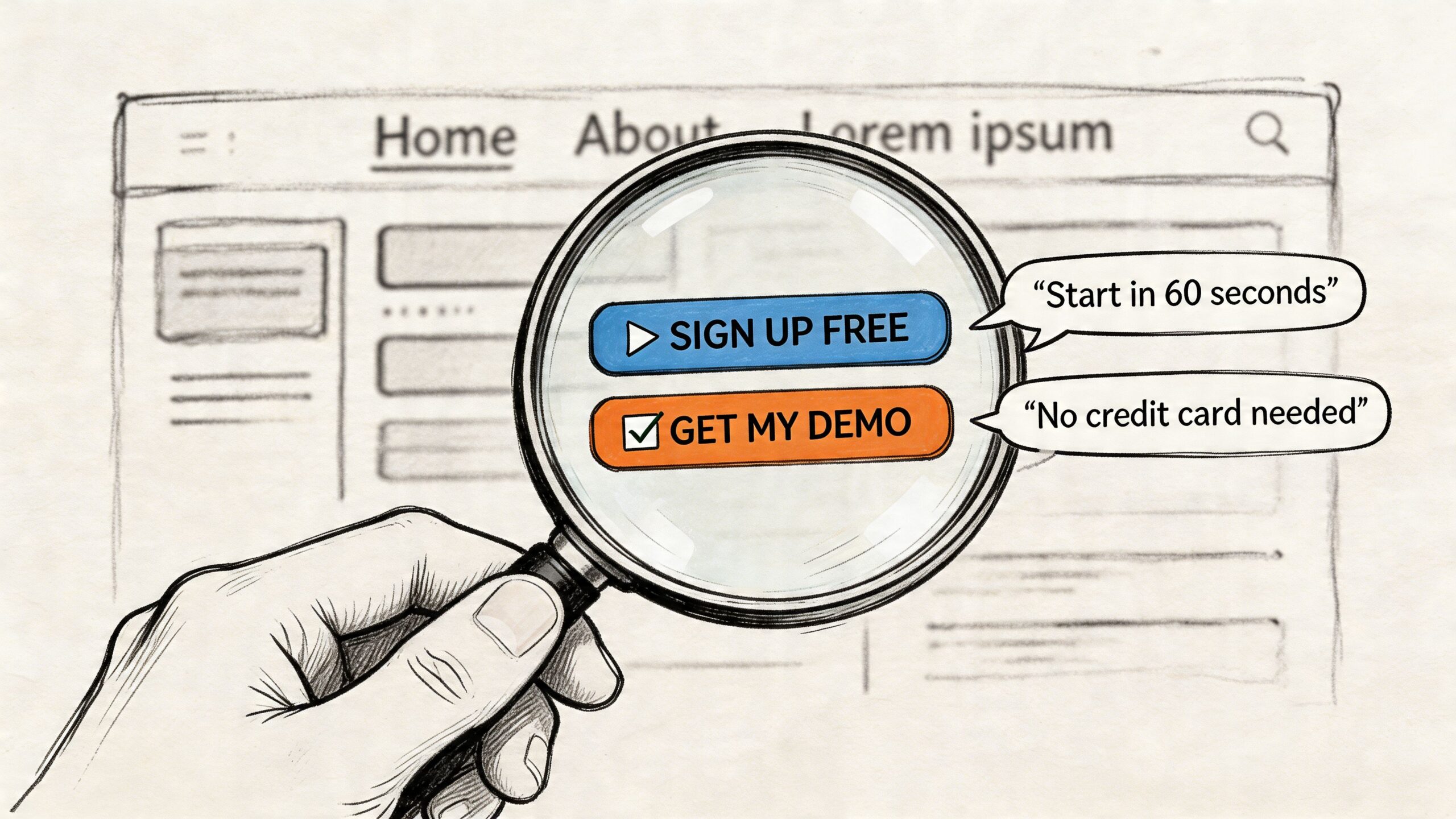 A hand holds a magnifying glass over website buttons with marketing text on a sketch background.