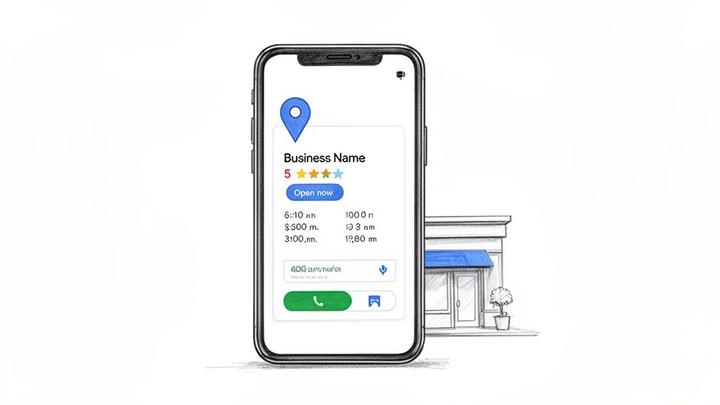 Smartphone displaying a Google Maps business listing with a 5-star rating and open status next to a sketched storefront.