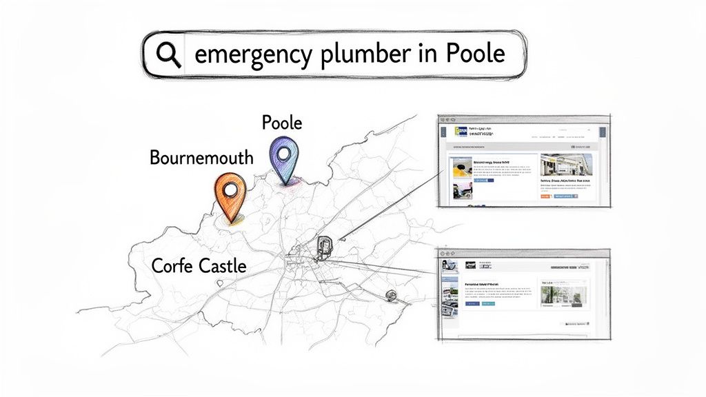 A map illustrating local search for 'emergency plumber in Poole', showing location pins and online search results.