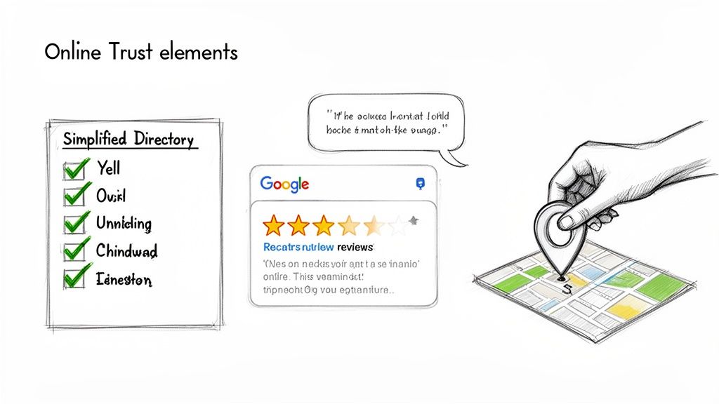 Illustrative sketch showing elements of online trust: directory listings, Google reviews, and local map pin.