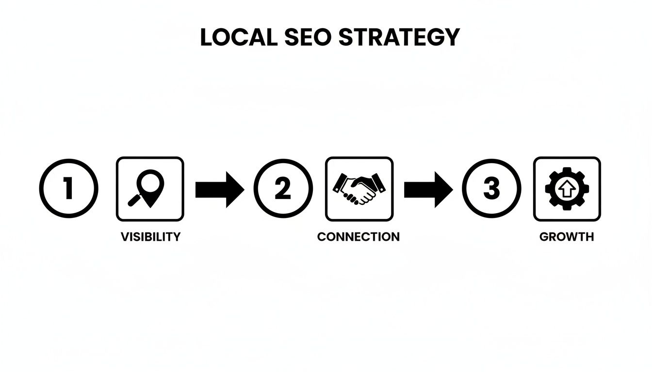Infographic illustrating a three-step local SEO strategy: visibility, connection, and growth.