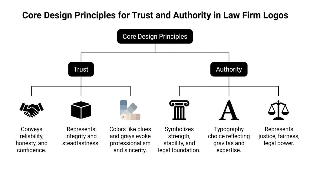 A diagram outlining core design principles of trust and authority for professional law firm logos.
