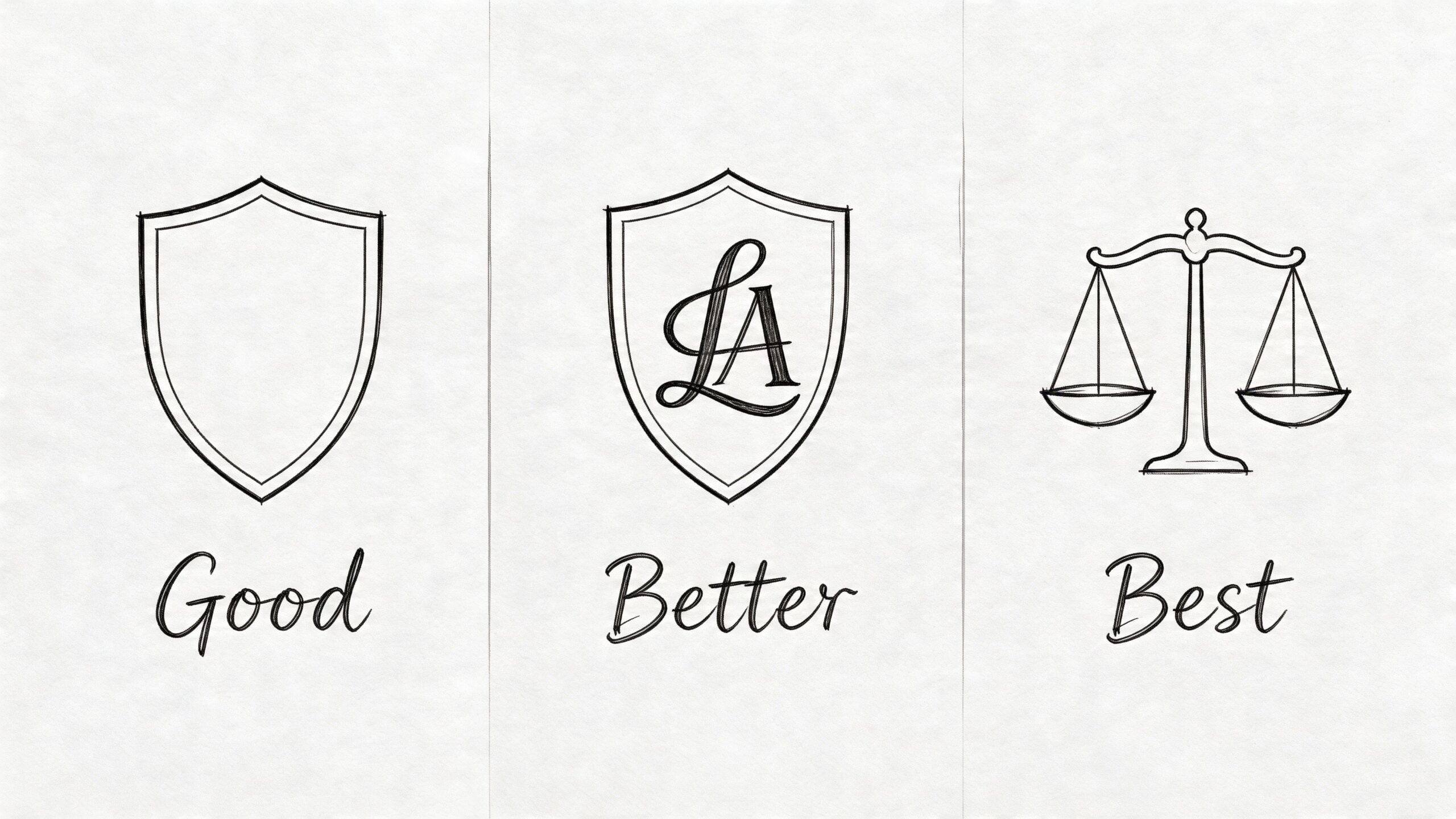 A conceptual graphic illustrating law firm branding evolution from a shield icon to a scales of justice.