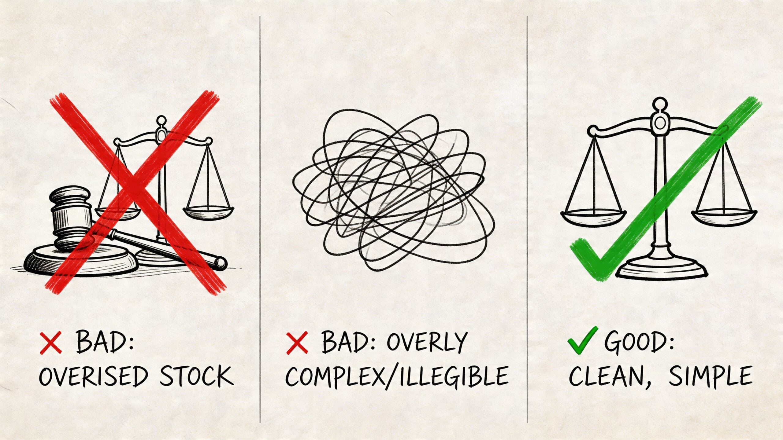 A visual guide comparing bad logo design examples with a clean, simple legal scales illustration.