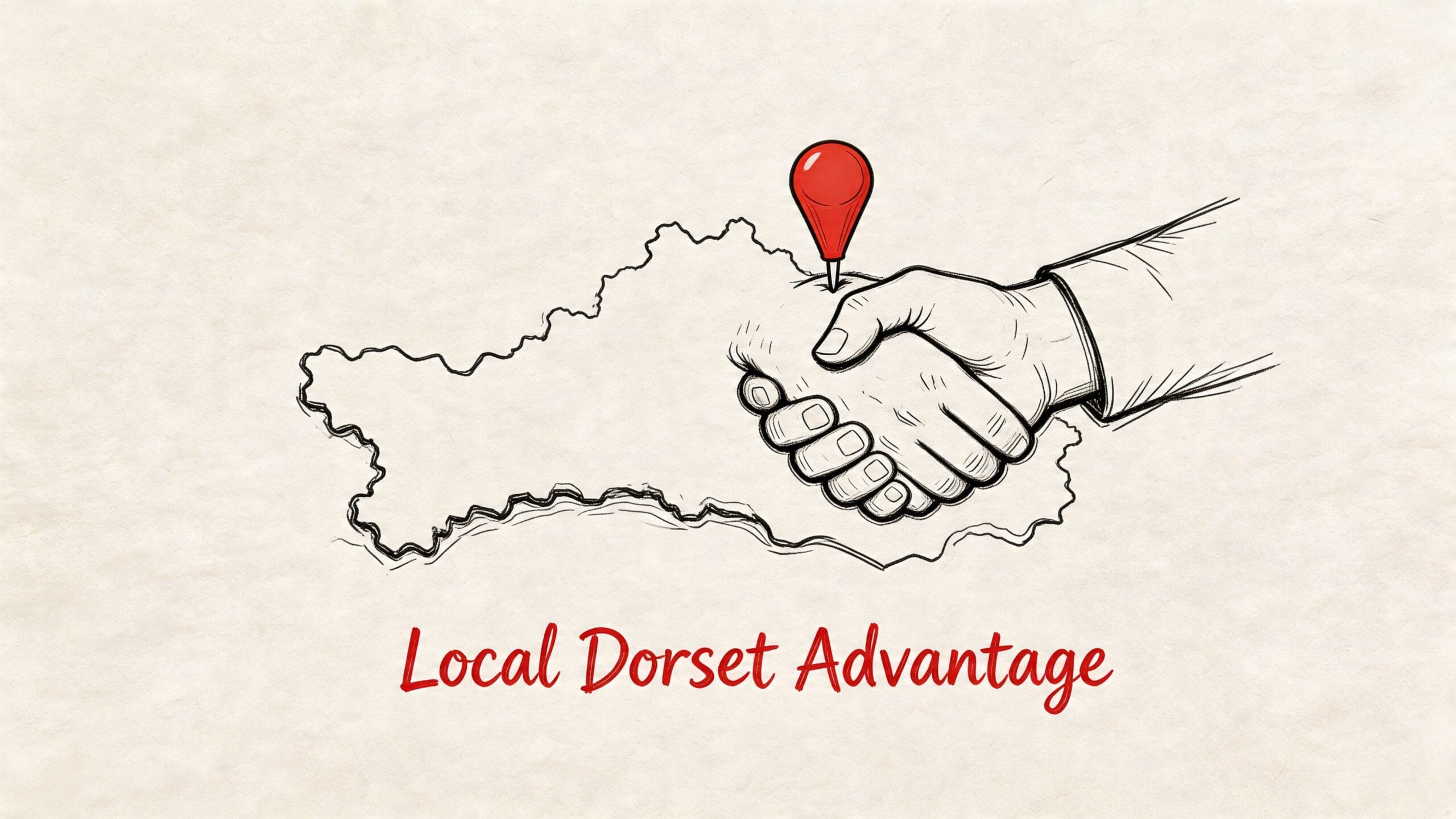 A line drawing showing a handshake over a map of Dorset with a red location pin.