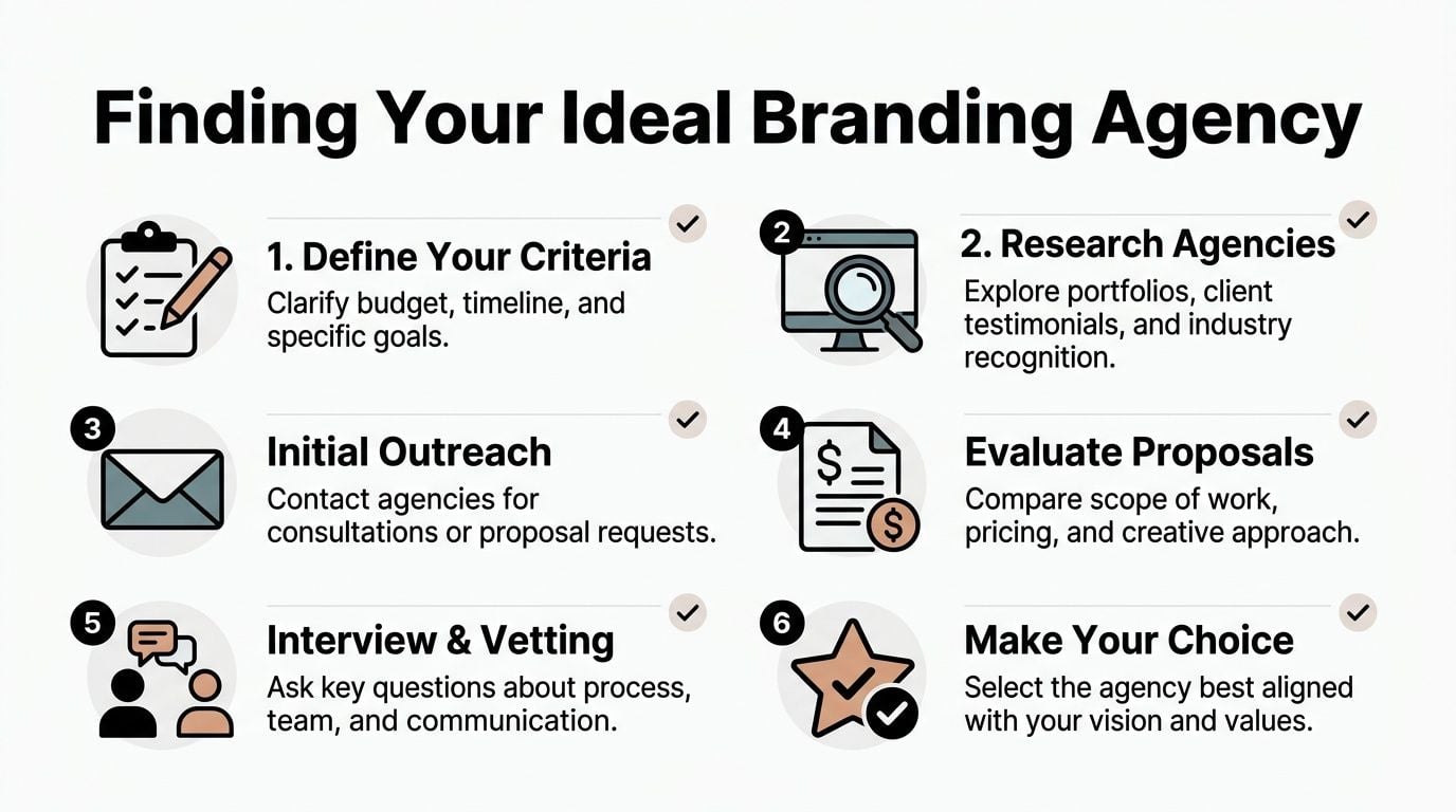 A six-step infographic guide titled Finding Your Ideal Branding Agency illustrating the professional selection process.