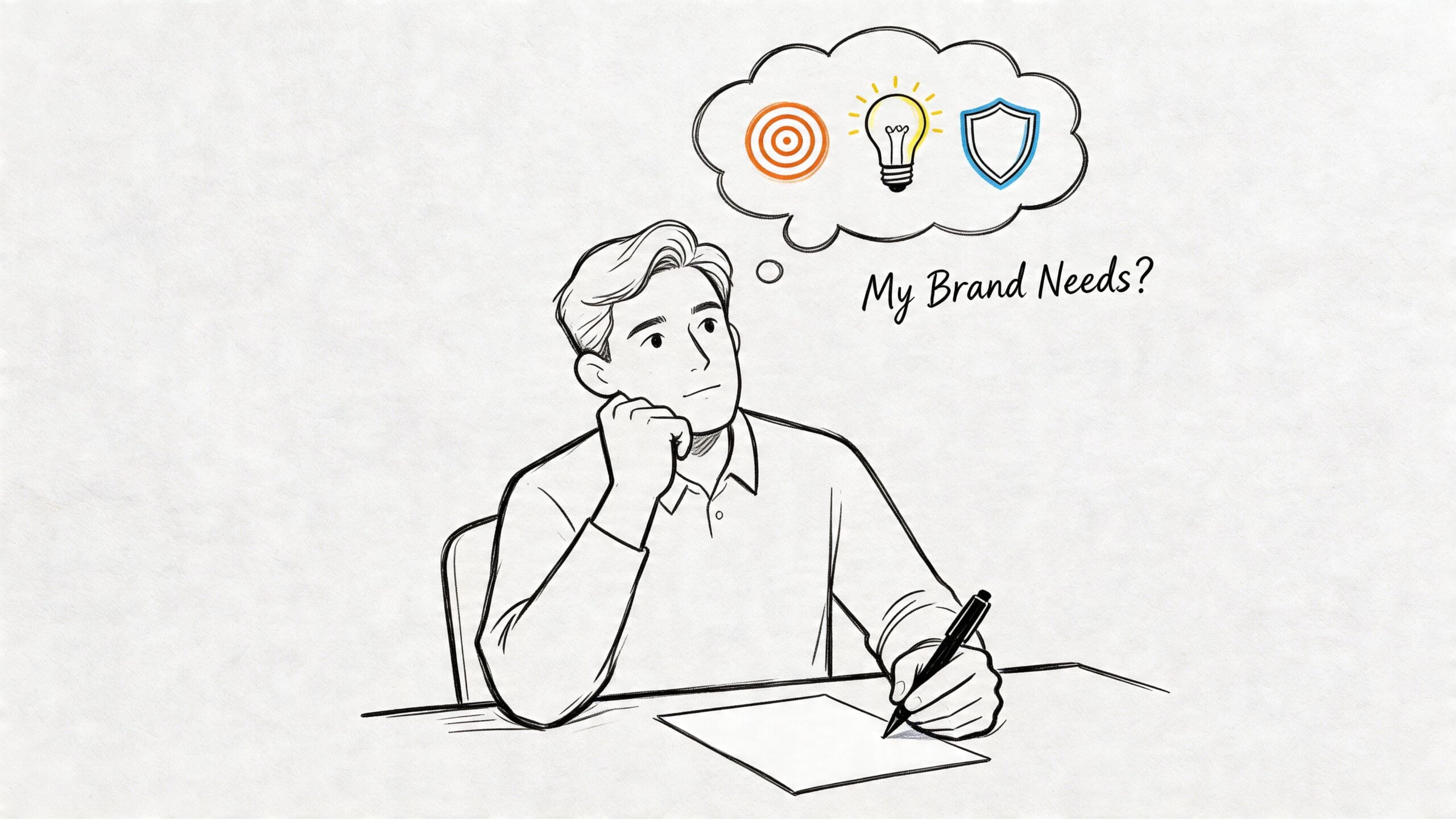 A sketched illustration of a businessman sitting at a desk contemplating branding ideas for his company.