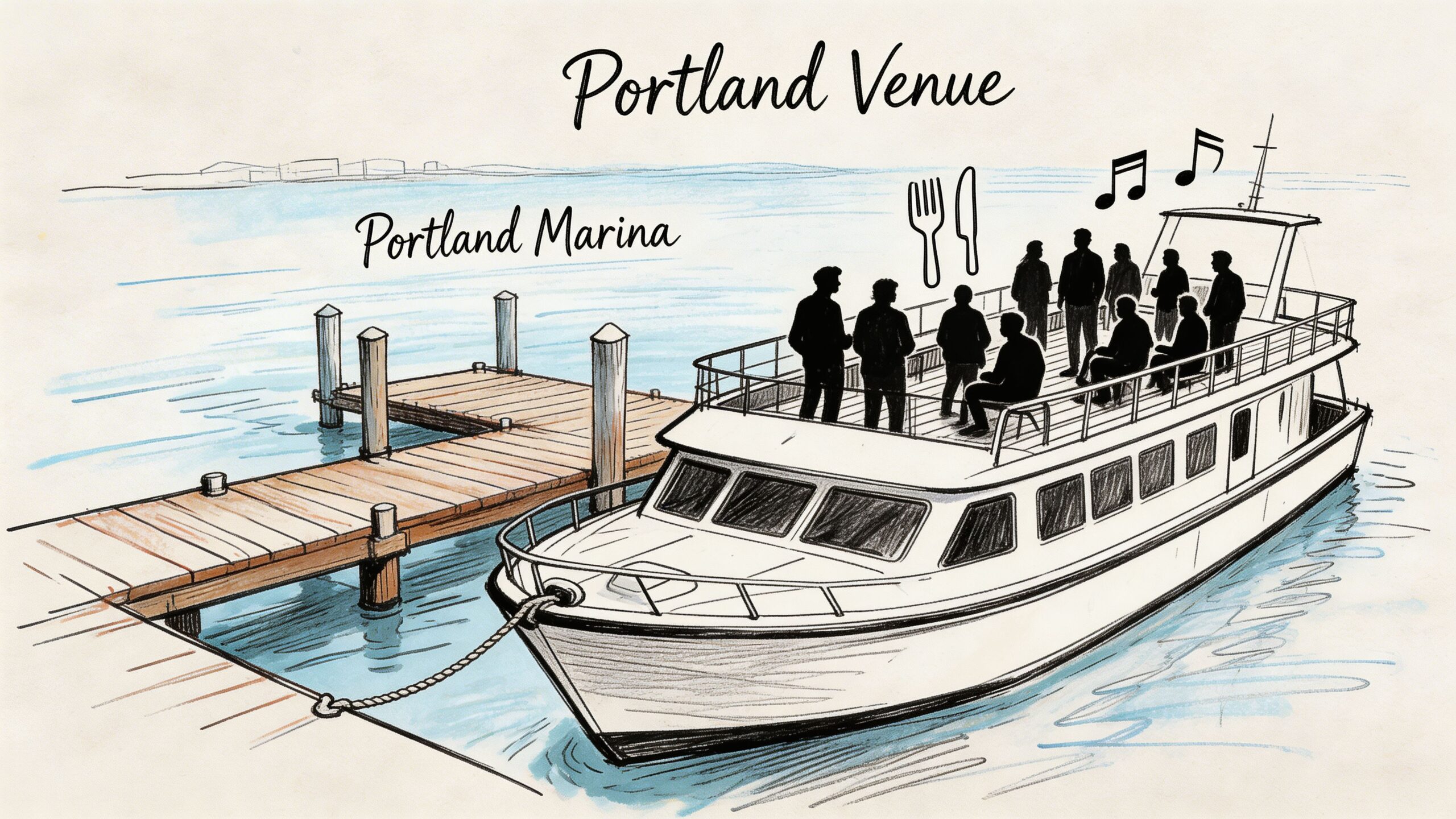 A sketched illustration of a boat docked at a marina with people gathered on the deck.