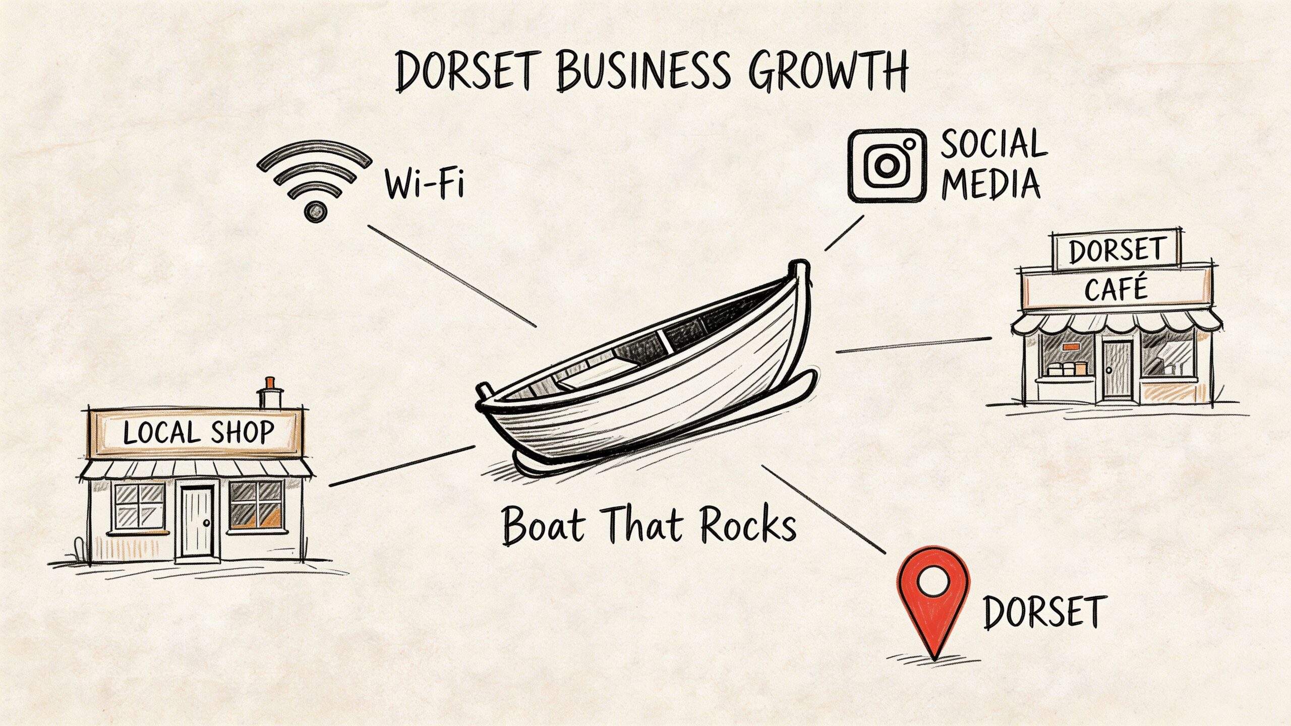 A hand-drawn illustration showing business growth in Dorset connected to a boat named Boat That Rocks.