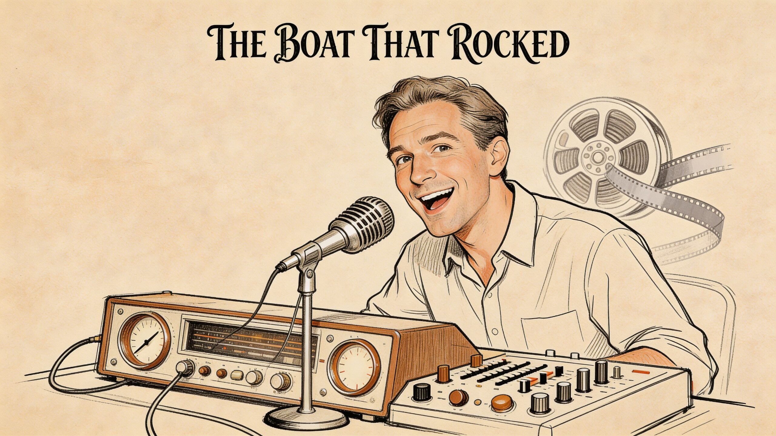 A sketched illustration of a male radio host smiling in front of a vintage microphone and soundboard.