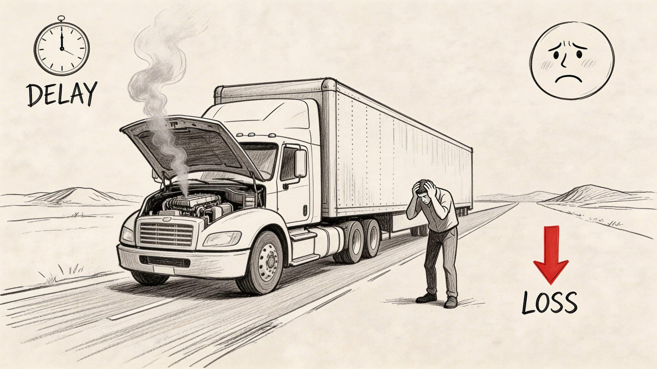 A pencil sketch of a broken down semi-truck on a highway with a frustrated driver nearby.