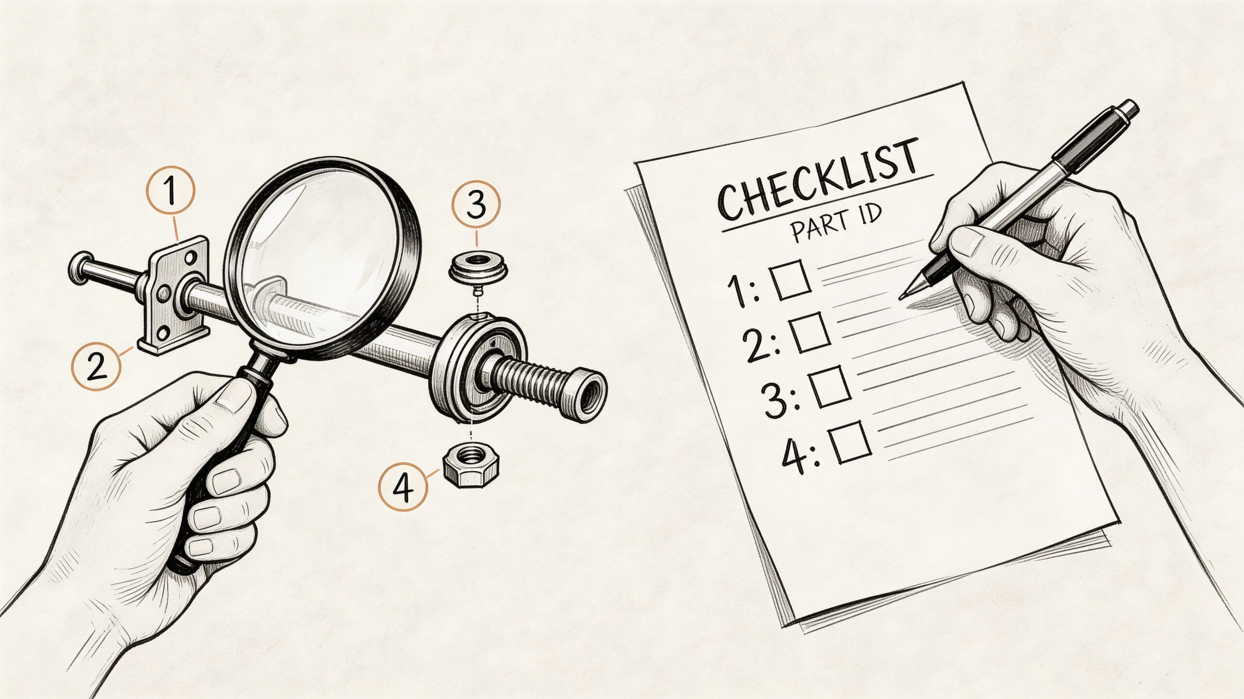 A hand holds a magnifying glass over mechanical trailer components, while another hand checks them off a list.