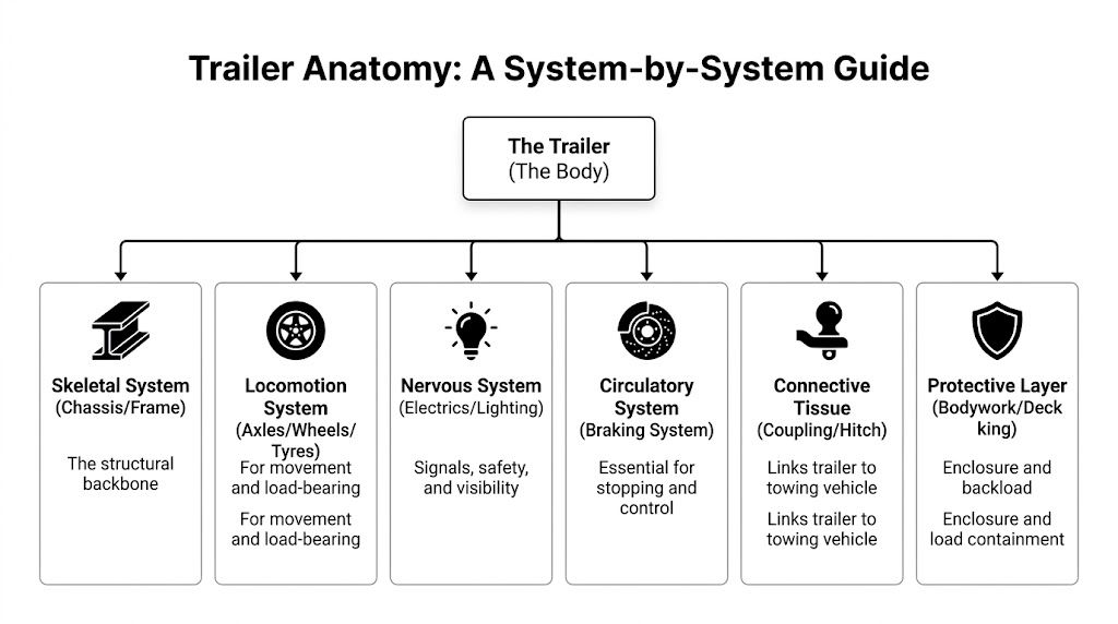 A diagram illustrating trailer anatomy by categorizing systems like chassis, wheels, electrics, brakes, hitch, and bodywork.