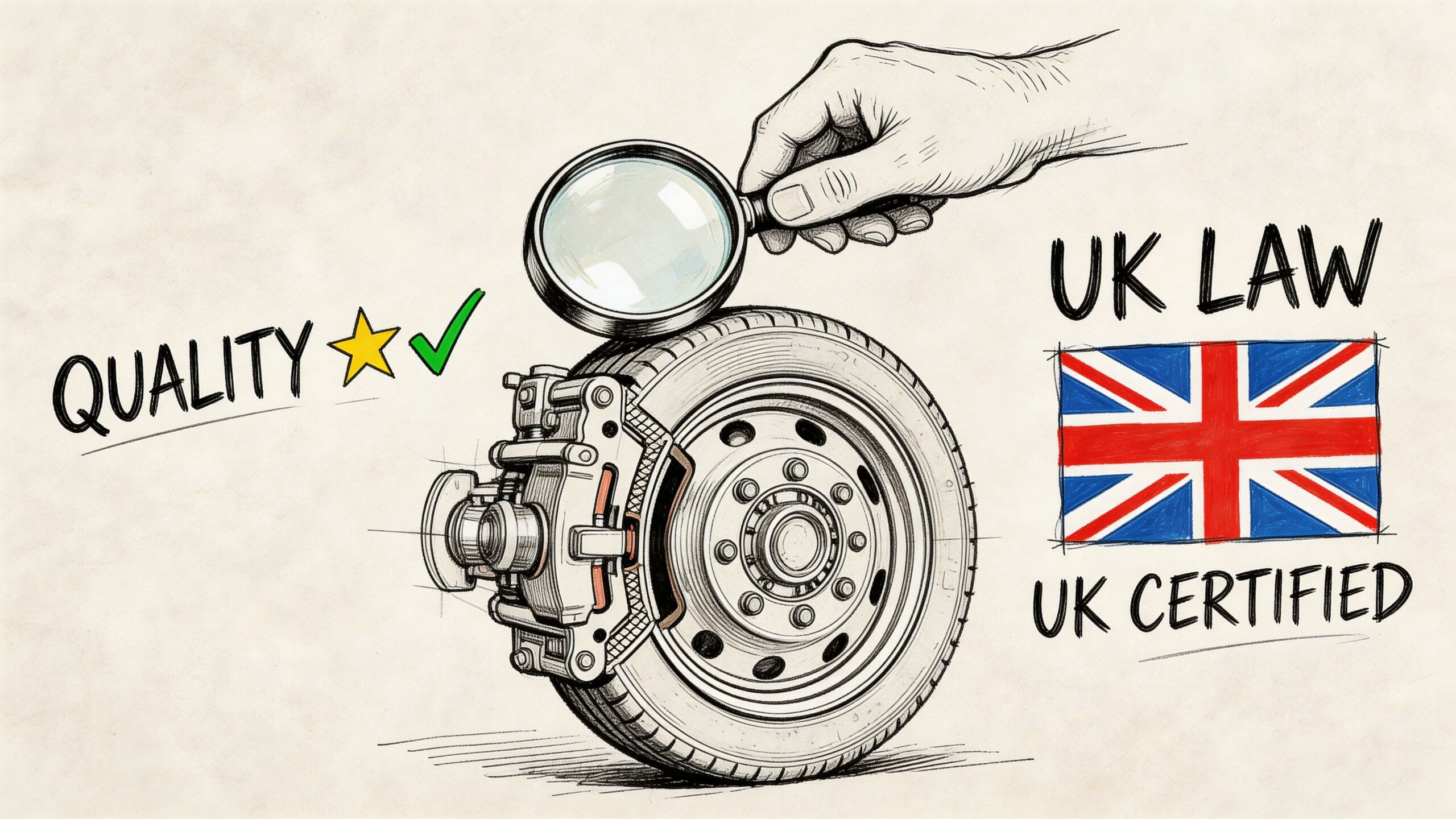 A hand holding a magnifying glass over a high-quality trailer wheel assembly meeting UK legal standards.