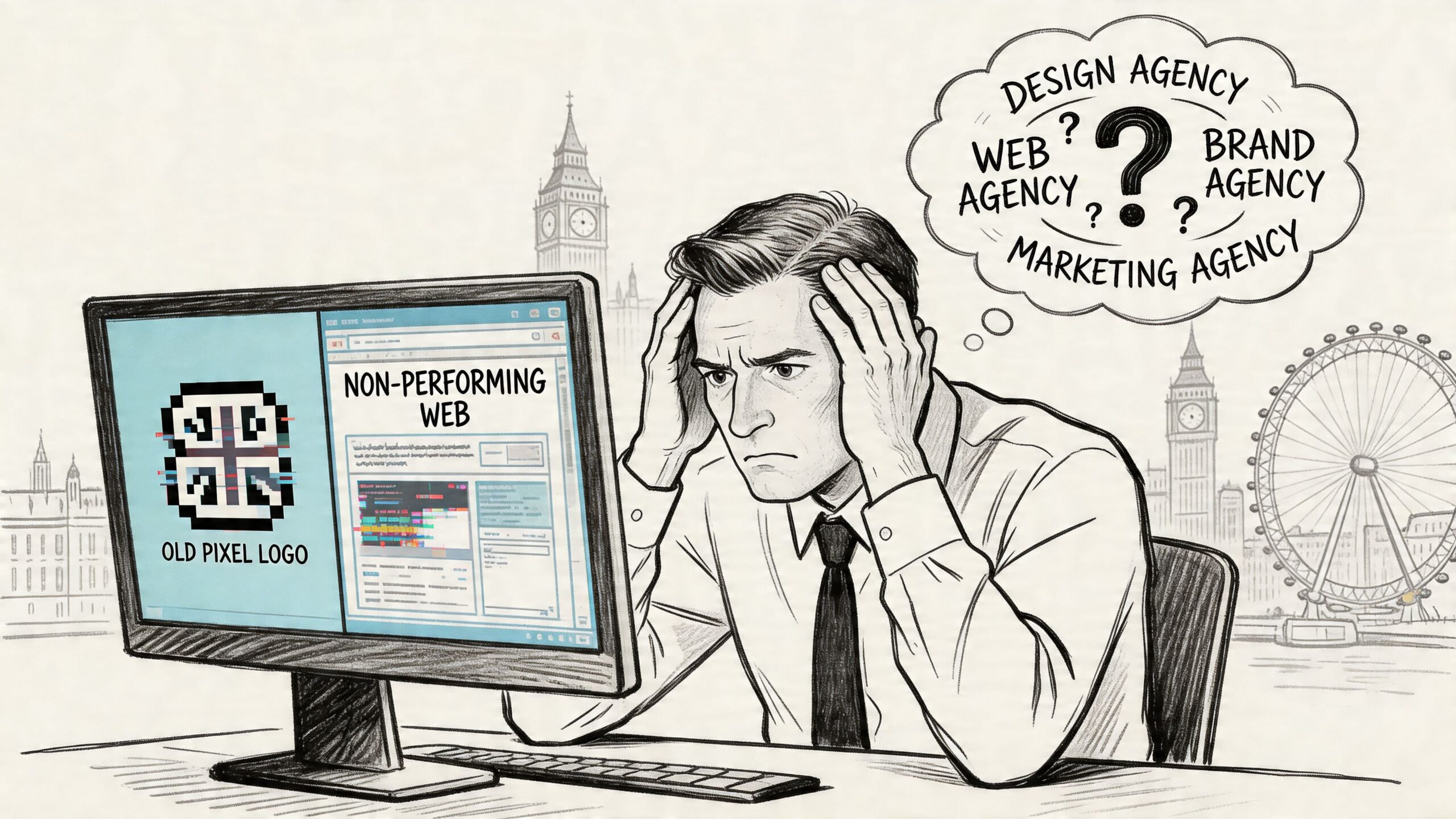 A stressed businessman looking at his computer screen while contemplating choosing between different types of creative agencies.