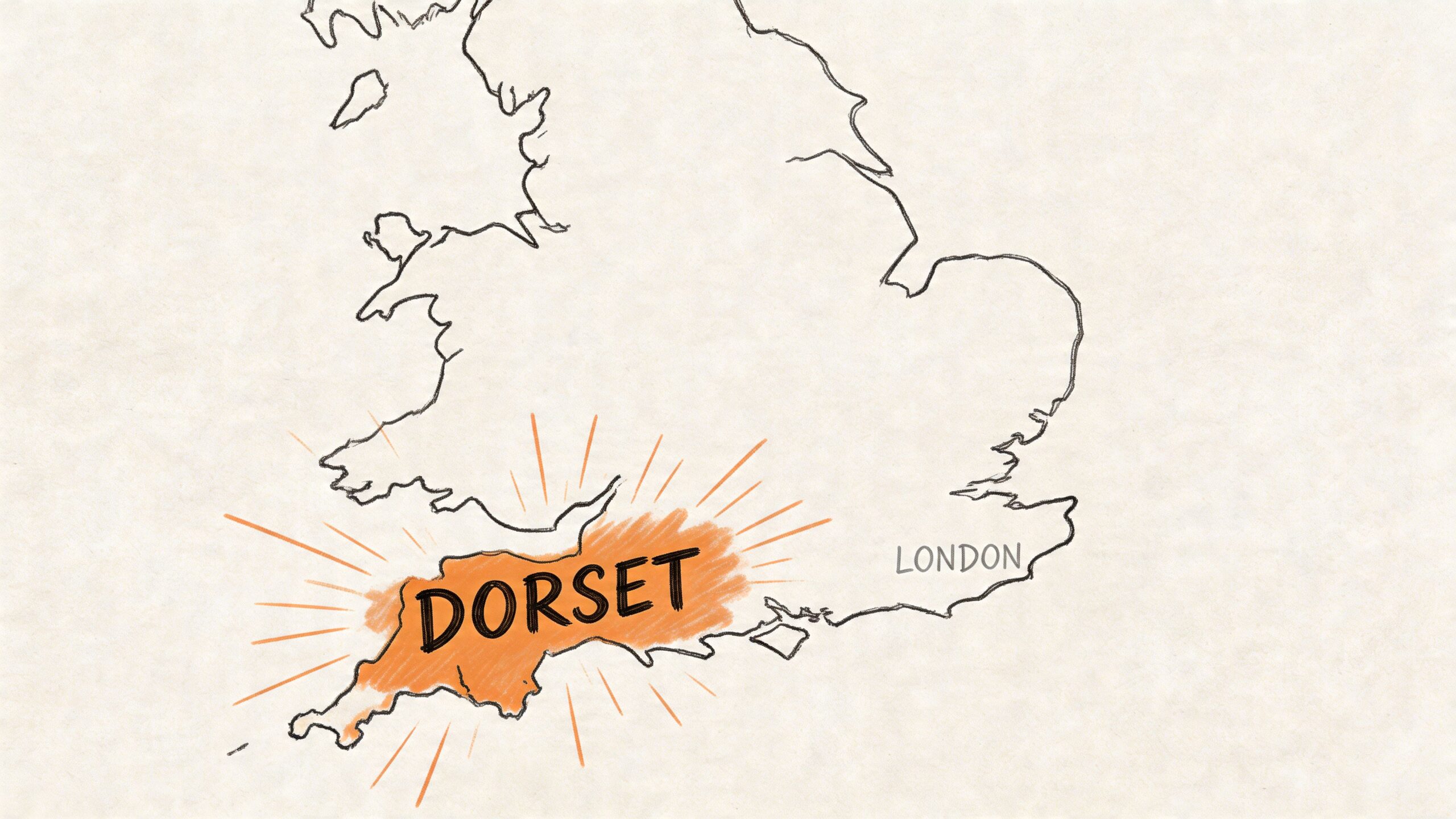 A hand-drawn map of England highlighting the county of Dorset in orange with radiating lines.