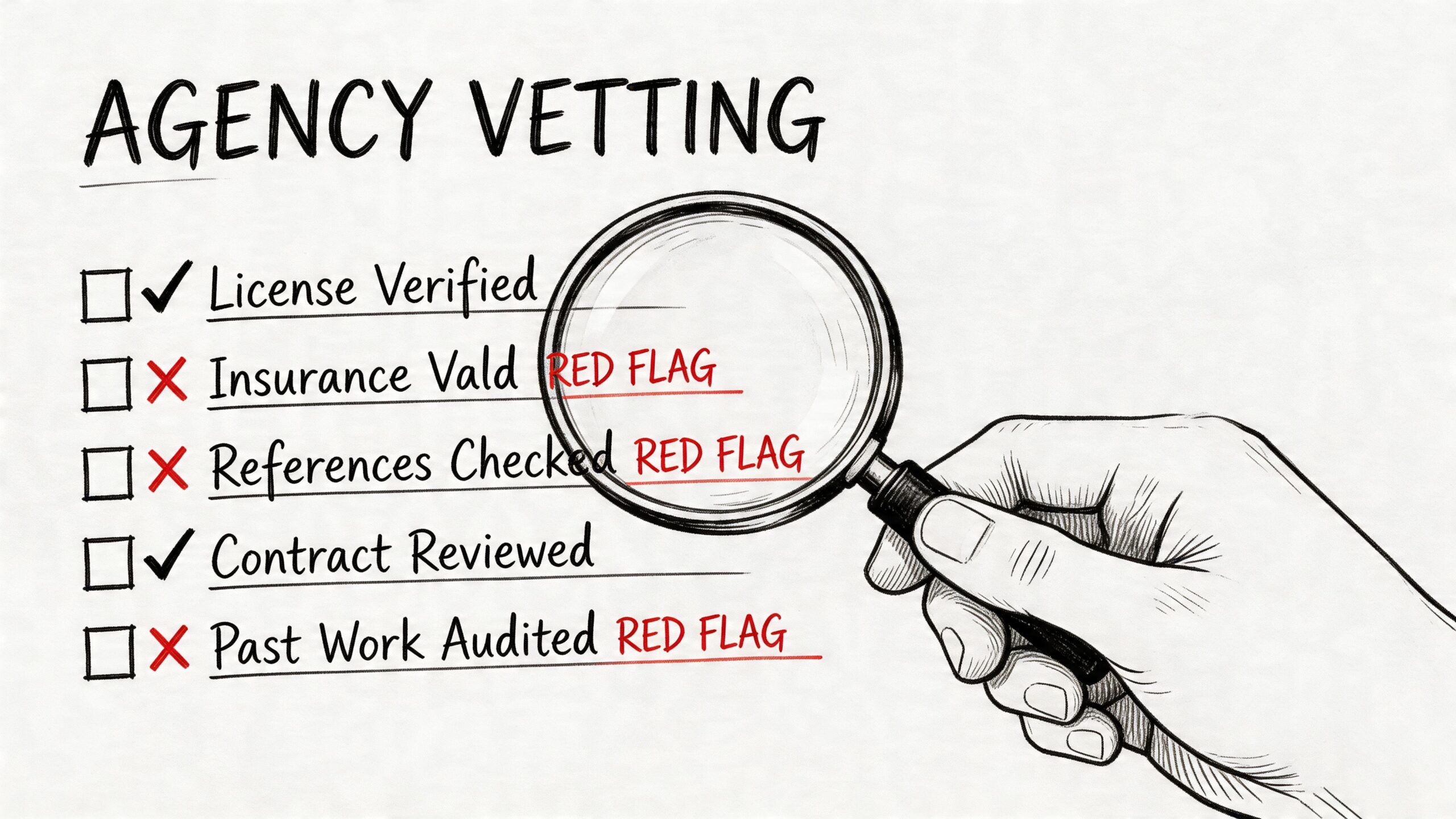 A checklist titled Agency Vetting being inspected with a magnifying glass to identify red flag warning signs.
