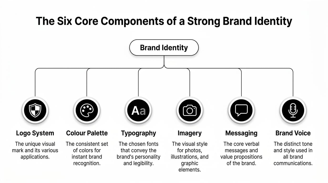 A diagram outlining the six core components of brand identity: logo, color, typography, imagery, messaging, and voice.