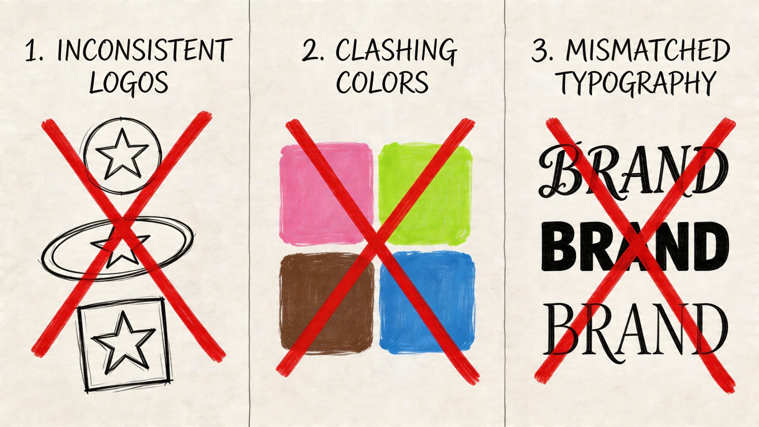 A graphic illustration showing three common branding mistakes including inconsistent logos, clashing colors, and mismatched typography.