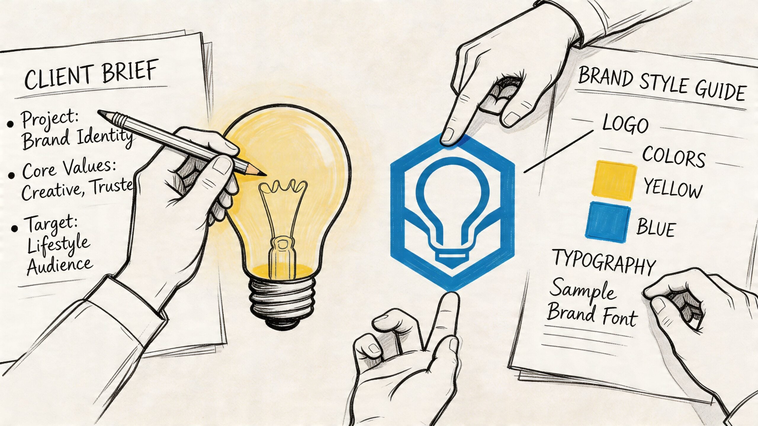 A hand-drawn illustration showing the process of creating a brand identity from a brief to a style guide.