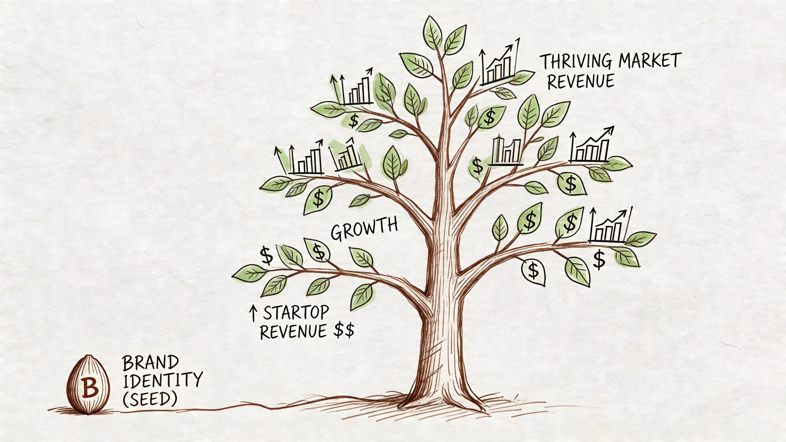 A hand-drawn illustration depicting a brand identity seed growing into a successful business tree with financial growth.