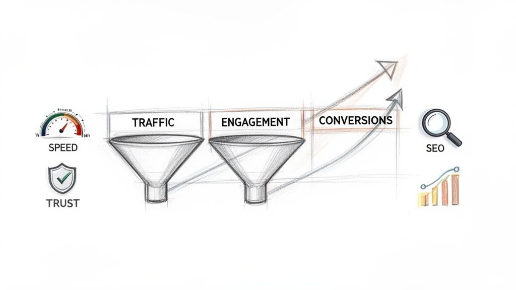 Diagram illustrating the marketing funnel process: speed and trust lead to traffic, engagement, and conversions, enhanced by SEO.