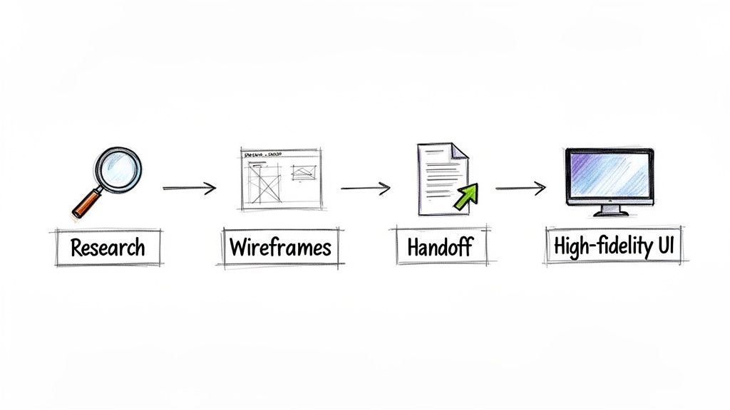 A flowchart illustrating the UI/UX design process steps: Research, Wireframes, Handoff, and High-fidelity UI.