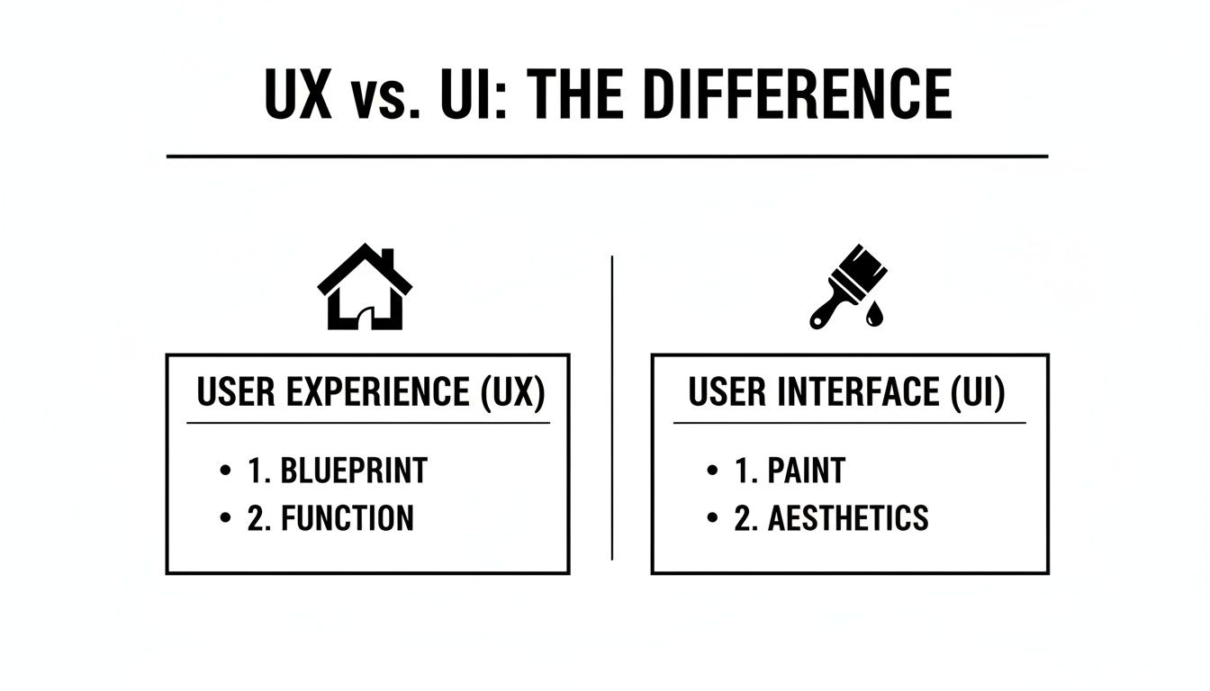 Infographic explaining UX vs UI differences, likening UX to a blueprint and UI to paint and aesthetics.