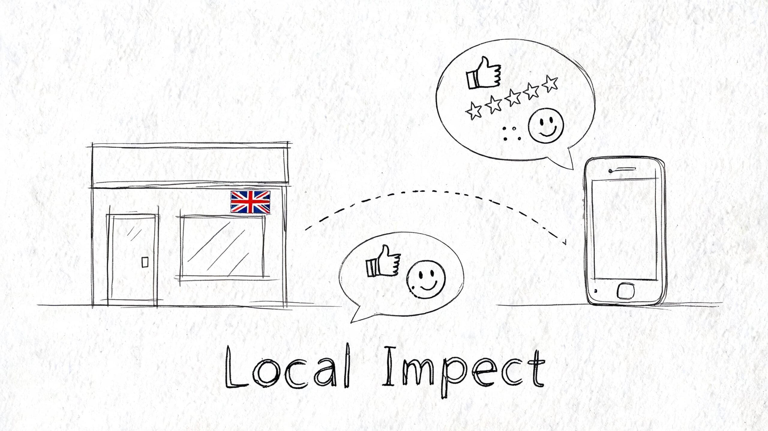 A hand-drawn illustration showing a British shop connecting to a mobile phone with positive customer review icons.
