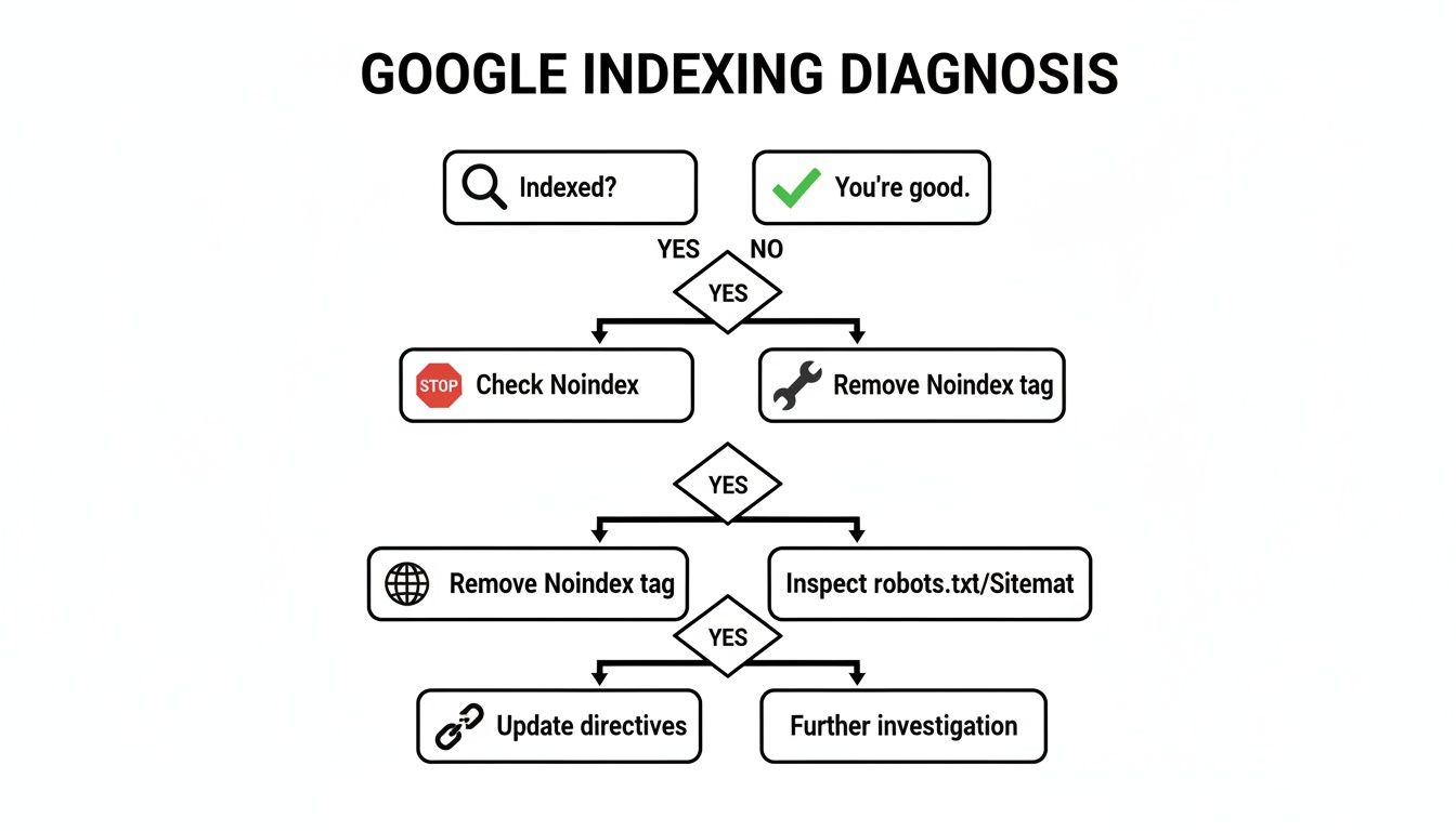 Flowchart illustrating the Google indexing diagnosis process, from checking index status to troubleshooting noindex tags and robots.txt.