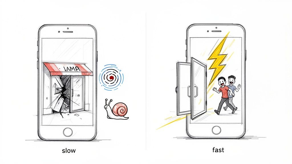 An illustration comparing slow (broken shop, snail) and fast (open door, happy users, lightning) digital experiences on smartphones.